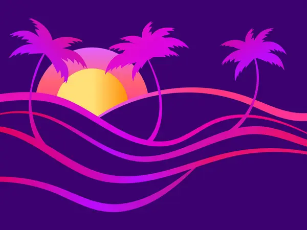 Landscape with palm trees at sunset in line art style. Wavy landscape with palm trees and colorful gradient. Design for printing t-shirt and banner. Vector illustration