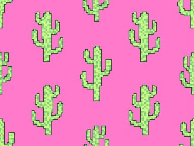 Piksel sanat tarzında kaktüslü kusursuz desen. Pembe arka planda 80lerin klasik video oyunları tarzında 8-bit yeşil kaktüs. Baskı, pankart ve duvar kağıdı için geçmişe dönük tasarım. Vektör illüstrasyonu