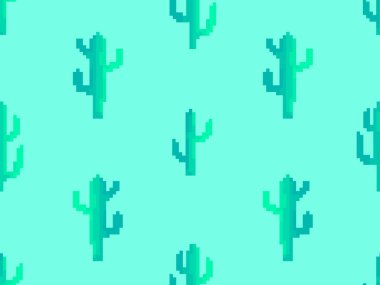 Piksel sanat tarzında kaktüslü kusursuz desen. 80lerin klasik video oyunları tarzında 8bit kaktüs. Baskı, ambalaj kağıdı ve duvar kağıdı için geçmişe dönük tasarım. Vektör illüstrasyonu