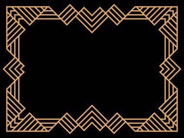 Art deco çerçeve. Klasik doğrusal sınır. Davetiyeler, broşürler ve tebrik kartları için bir şablon tasarla. Geometrik altın çerçeveli. 1920 'lerin tarzı - 1930' lar. Vektör illüstrasyonu