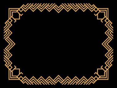 Art deco çerçeve. Klasik doğrusal sınır. Davetiyeler, broşürler ve tebrik kartları için bir şablon tasarla. Geometrik altın çerçeveli. 1920 'lerin tarzı - 1930' lar. Vektör illüstrasyonu