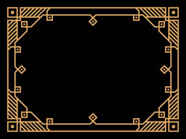 Art deco çerçeve. Klasik doğrusal sınır. Davetiyeler, broşürler ve tebrik kartları için bir şablon tasarla. Geometrik altın çerçeveli. 1920 'lerin tarzı - 1930' lar. Vektör illüstrasyonu