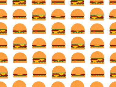 Hamburgerler pürüzsüz. Çizburger ve hamburgerler düz stil. İki pirzolalı çizburger. Susamlı çörek, pirzola, peynir ve sos. Duvar kağıdı için tasarım. Vektör illüstrasyonu