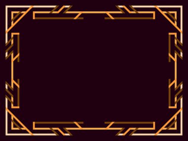 Art deco çerçeve. Klasik doğrusal sınır. Geometrik çerçeve altın renginde, satır sanatı tarzında, boşluk ise metin için. Davetiye, broşür ve tebrik kartı için bir şablon tasarla. Vektör illüstrasyonu