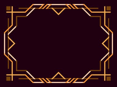 Art deco çerçeve. Klasik doğrusal sınır. Geometrik çerçeve altın renginde, satır sanatı tarzında, boşluk ise metin için. Davetiye, broşür ve tebrik kartı için bir şablon tasarla. Vektör illüstrasyonu