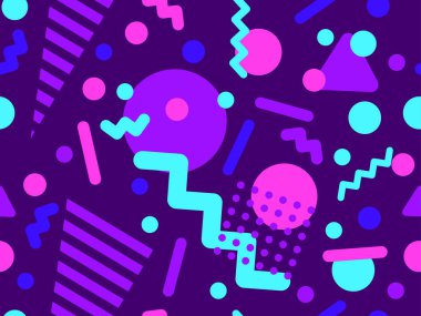 80 'ler ve 90' lar tarzında geometrik şekilli kusursuz Memphis deseni. Farklı şekil ve renklerin geometrik şekilleri. Promosyon ürünleri tasarımı, ambalaj kağıdı ve baskı. Vektör illüstrasyonu