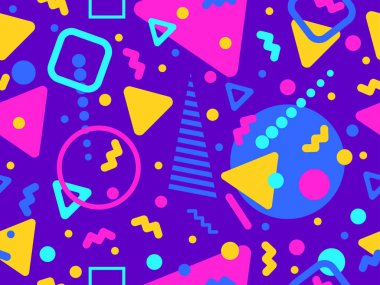 80 'lerin tarzında Memphis elementleriyle geometrik kusursuz desen. Renkli geometrik desen. Promosyon ürünleri tasarımı, ambalaj kağıdı ve baskı. Vektör illüstrasyonu