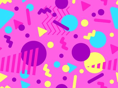 80 'lerin tarzında Memphis elementleriyle geometrik kusursuz desen. Renkli geometrik desen. Promosyon ürünleri tasarımı, ambalaj kağıdı ve baskı. Vektör illüstrasyonu