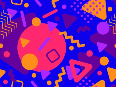 80 'lerin tarzında Memphis elementleriyle geometrik kusursuz desen. Renkli geometrik desen. Promosyon ürünleri tasarımı, ambalaj kağıdı ve baskı. Vektör illüstrasyonu