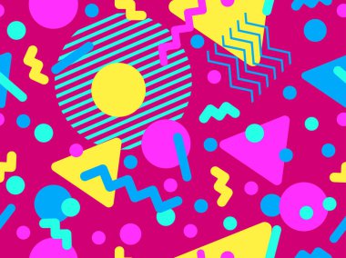 80 'ler ve 90' lar tarzında geometrik şekilli kusursuz Memphis deseni. Farklı şekil ve renklerin geometrik şekilleri. Promosyon ürünleri tasarımı, ambalaj kağıdı ve baskı. Vektör illüstrasyonu