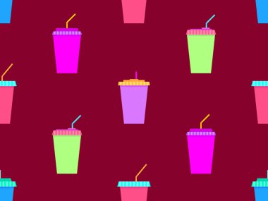 Plastik ya da kamışlı kağıt bardaklarla kusursuz desen. Karbonatlı içecekler için plastik ve kağıt bardaklar. Pipetle plastik meyve suyu bardağı. Karbonatlı meşrubat. Vektör illüstrasyonu