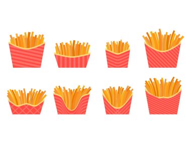 Patates kızartması simgesi beyaz arka planda izole edildi. Fast food, bol kızarmış patates. Patates kızartması, lezzetli bir aperatif. Afişler, posterler ve promosyon ürünleri için tasarım. Vektör illüstrasyonu