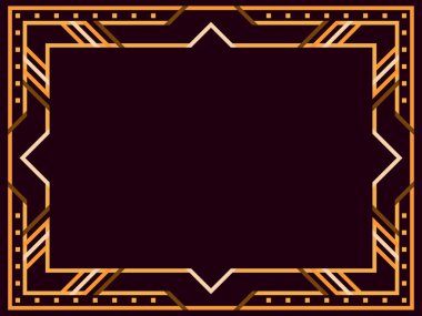 Art deco çerçeve. Klasik doğrusal sınır. Geometrik çerçeve altın renginde, satır sanatı tarzında, boşluk ise metin için. Davetiye, broşür ve tebrik kartı için bir şablon tasarla. Vektör illüstrasyonu
