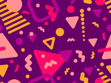 80 'lerin tarzında Memphis elementleriyle geometrik kusursuz desen. Renkli geometrik desen. Promosyon ürünleri tasarımı, ambalaj kağıdı ve baskı. Vektör illüstrasyonu