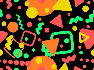 Memphis tarzında geometrik şekilli 80 'lerin kusursuz deseni. Daireler ve üçgenler. Promosyon ürünleri, afişler ve ambalaj kağıtları için renkli soyut bir arkaplan. Vektör illüstrasyonu