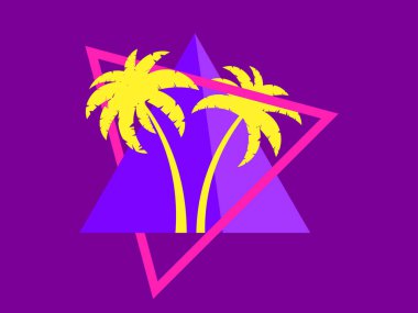 80 'lerin fütüristik tarzında palmiye ağaçları. 80 'lerin tropikal palmiye ağaçlarının siluetlerini taşıyan üçgen. Afişler, afişler, reklam ürünleri için tasarım. Vektör illüstrasyonu