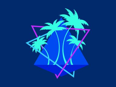 80 'lerin fütüristik tarzında palmiye ağaçları. 80 'lerin tropikal palmiye ağaçlarının siluetlerini taşıyan üçgen. Afişler, afişler, reklam ürünleri için tasarım. Vektör illüstrasyonu