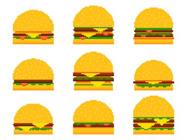 Piksel burger simgesi beyaz arkaplanda izole edildi. İki pirzola ve peynirli 8-bit çizburger. Piksel sanat tarzında çizburger ve hamburger ikonları koleksiyonu. Vektör illüstrasyonu