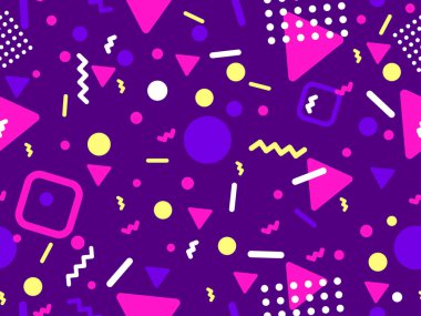 Memphis tarzında geometrik şekilli 80 'lerin kusursuz deseni. Daireler ve üçgenler. Promosyon ürünleri, afişler ve ambalaj kağıtları için renkli soyut bir arkaplan. Vektör illüstrasyonu