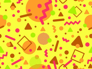 80 'ler ve 90' lar tarzında geometrik şekilli kusursuz Memphis deseni. Farklı şekil ve renklerin geometrik şekilleri. Promosyon ürünleri tasarımı, ambalaj kağıdı ve baskı. Vektör illüstrasyonu