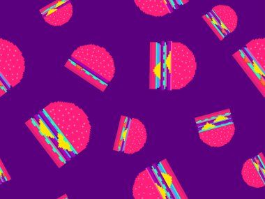 Piksel sanat tarzında hamburgerlerle kusursuz desen. Pikselli çizburger ve iki pirzola ve peynirli hamburger. 80 'lerden ve 90' lardan kalma 8-bit 'lik fast food. Vektör illüstrasyonu