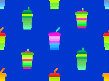 Pikselli plastik ya da kağıt bardaklarla kusursuz desen. Karbonatlı içecekler için piksel kağıt bardaklar. Geriye dönük video oyunu tarzında samanlı 8-bit smoothie bardağı. Vektör illüstrasyonu