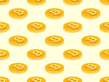 Bitcoin sembollü 3 boyutlu paralar, kusursuz desenler. Bitcoin altın rengi. Bitcoin şifreleme, kripto ticareti. Duvar kağıtlarının, afişlerin ve posterlerin tasarımcısı. Vektör illüstrasyonu