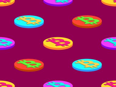 Bitcoin 3 boyutlu sikkeler kusursuz desen. Bitcoin sembollü çok renkli paralar. Bitcoin şifreleme, kripto ticareti. Duvar kağıtlarının, afişlerin ve posterlerin tasarımcısı. Vektör illüstrasyonu
