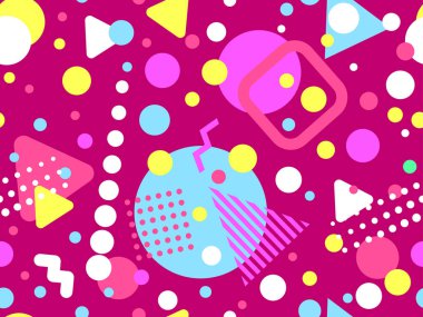 80 'lerin tarzında Memphis elementleriyle geometrik kusursuz desen. Renkli geometrik desen. Promosyon ürünleri tasarımı, ambalaj kağıdı ve baskı. Vektör illüstrasyonu