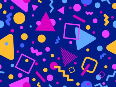 80 'lerin tarzında Memphis elementleriyle geometrik kusursuz desen. Renkli geometrik desen. Promosyon ürünleri tasarımı, ambalaj kağıdı ve baskı. Vektör illüstrasyonu