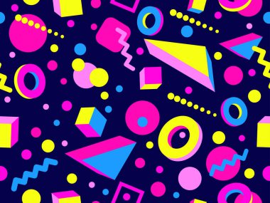 80 'ler ve 90' lar tarzında 3 boyutlu şekilleri olan geometrik dikişsiz desen. Memphis tarzında Isometric 3 boyutlu şekiller. Promosyon ürünleri tasarımı, ambalaj kağıdı ve baskı. Vektör illüstrasyonu