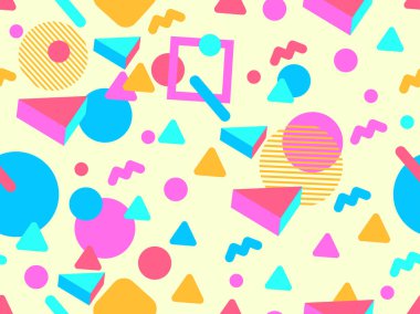 80 'ler ve 90' lar tarzında 3 boyutlu şekilleri olan geometrik dikişsiz desen. Memphis tarzında Isometric 3 boyutlu şekiller. Promosyon ürünleri tasarımı, ambalaj kağıdı ve baskı. Vektör illüstrasyonu