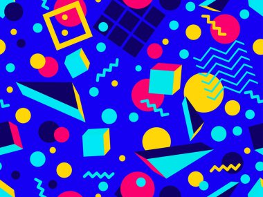 80 'ler ve 90' lar tarzında 3 boyutlu şekilleri olan geometrik dikişsiz desen. Memphis tarzında Isometric 3 boyutlu şekiller. Promosyon ürünleri tasarımı, ambalaj kağıdı ve baskı. Vektör illüstrasyonu