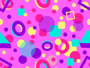 80 'ler ve 90' lar tarzında 3 boyutlu şekilleri olan geometrik dikişsiz desen. Memphis tarzında Isometric 3 boyutlu şekiller. Promosyon ürünleri tasarımı, ambalaj kağıdı ve baskı. Vektör illüstrasyonu