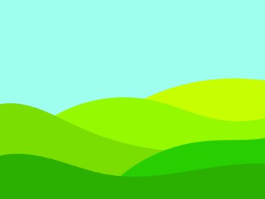 Minimalist tarzda mavi gökyüzü olan yeşil dalgalı bir manzara. Tarlaları ve çayırları olan yaz manzarası. Ambalajlar, posterler ve iç tasarım için tipografik boho dekoru. Vektör illüstrasyonu