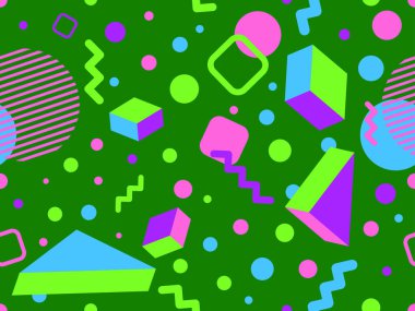 80 'ler ve 90' lar tarzında 3 boyutlu şekilleri olan geometrik dikişsiz desen. Memphis tarzında Isometric 3 boyutlu şekiller. Promosyon ürünleri tasarımı, ambalaj kağıdı ve baskı. Vektör illüstrasyonu