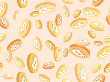 Bitcoin dikişsiz desen. Bej arkaplanda Bitcoin sembolü olan üç boyutlu sikkeler. Altın sikkeler. Bitcoin şifreleme, kripto ticareti. Duvar kağıtlarının, afişlerin ve posterlerin tasarımcısı. Vektör illüstrasyonu