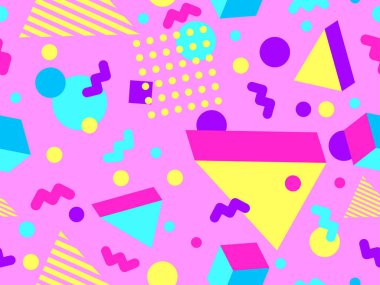 80 'ler ve 90' lar tarzında 3 boyutlu şekilleri olan geometrik dikişsiz desen. Memphis tarzında Isometric 3 boyutlu şekiller. Promosyon ürünleri tasarımı, ambalaj kağıdı ve baskı. Vektör illüstrasyonu