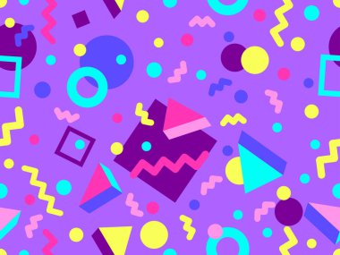 80 'ler ve 90' lar tarzında 3 boyutlu şekilleri olan geometrik dikişsiz desen. Memphis tarzında Isometric 3 boyutlu şekiller. Promosyon ürünleri tasarımı, ambalaj kağıdı ve baskı. Vektör illüstrasyonu