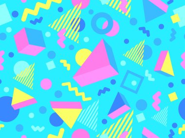 80 'ler ve 90' lar tarzında 3 boyutlu şekilleri olan geometrik dikişsiz desen. Memphis tarzında Isometric 3 boyutlu şekiller. Promosyon ürünleri tasarımı, ambalaj kağıdı ve baskı. Vektör illüstrasyonu
