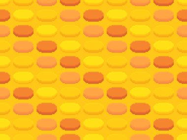 Piksel altın paralarla kusursuz desen. 80ler ve 90lardan kalma 8-bit grafikli 3 boyutlu altın sikkeler. Duvar kağıtları, afişler ve posterler için tasarım. Vektör illüstrasyonu