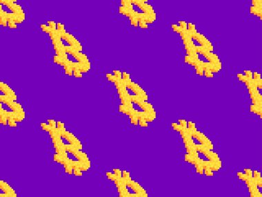 Piksel biçiminde Bitcoin sembolü. 8-bit grafiklerde Bitcoin sembolü olan kusursuz desen. Bitcoin şifreli para birimi. Duvar kağıtlarının, afişlerin ve posterlerin tasarımcısı. Vektör illüstrasyonu