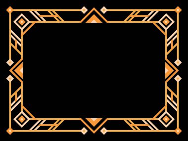 Art deco çerçeve. Klasik doğrusal sınır. Geometrik çerçeve altın renginde, satır sanatı tarzında, boşluk ise metin için. Davetiye, broşür ve tebrik kartı için bir şablon tasarla. Vektör illüstrasyonu