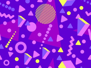 80 'ler ve 90' lar tarzında 3 boyutlu şekilleri olan geometrik dikişsiz desen. Memphis tarzında Isometric 3 boyutlu şekiller. Promosyon ürünleri tasarımı, ambalaj kağıdı ve baskı. Vektör illüstrasyonu