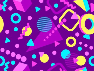 80 'ler ve 90' lar tarzında 3 boyutlu şekilleri olan geometrik dikişsiz desen. Memphis tarzında Isometric 3 boyutlu şekiller. Promosyon ürünleri tasarımı, ambalaj kağıdı ve baskı. Vektör illüstrasyonu