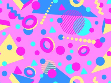 80 'ler ve 90' lar tarzında 3 boyutlu şekilleri olan geometrik dikişsiz desen. Memphis tarzında Isometric 3 boyutlu şekiller. Promosyon ürünleri tasarımı, ambalaj kağıdı ve baskı. Vektör illüstrasyonu