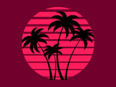 Tropical palm trees at sunset in a futuristic 80s style. Summer time, silhouettes of palm trees in synthwave and retrowave style. Design of advertising booklets and banners. Vector illustration