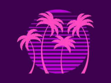 Günbatımında 80 'lerin stiliyle geçmişe dönük palmiye ağaçları. Yaz zamanı, güneşin arka planında palmiye ağaçları, sentetik dalga tarzı. Reklam broşürleri ve afişler için tasarım. vektör illüstrasyonu