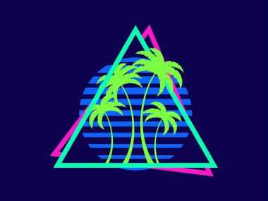 80 'lerin geçmişe dönük bilim kurgu palmiyeleri günbatımında üçgen çerçevede. Palmiye ağaçları ile geçmişe dönük fütürist güneş. Sentetik dalga ve retrodalga tarzı. Reklam afişleri ve posterleri için tasarım. Vektör illüstrasyonu