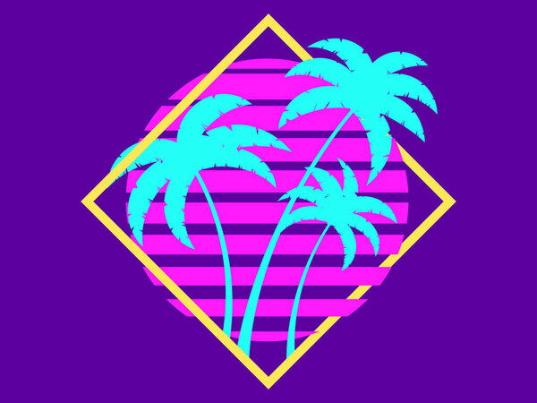 Ретро научно-фантастические пальмы 80-х годов на закате в квадратной рамке. Ретро футуристическое солнце с пальмами. Synthwave and Retmicrowave style. Дизайн рекламных баннеров и плакатов. Векторная иллюстрация